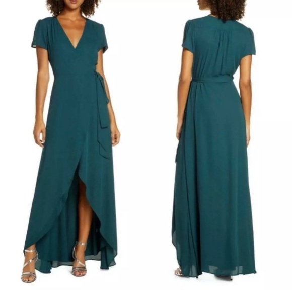 WAYF The Zoey Short Sleeve Wrap Pine Green Gown - Picture 1 of 11